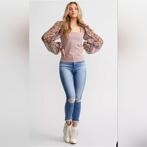 Sheer Balloon Sleeve Square Neck Top in Mauve